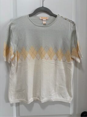 Vintage Brooks Brothers size Large Light Blue Cotton Argyle Short Sleeve Sweater